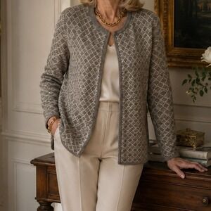 Cocogio Italy Women Taupe Wool Blend Geo Diamond Open Front Cardigan Old Money M